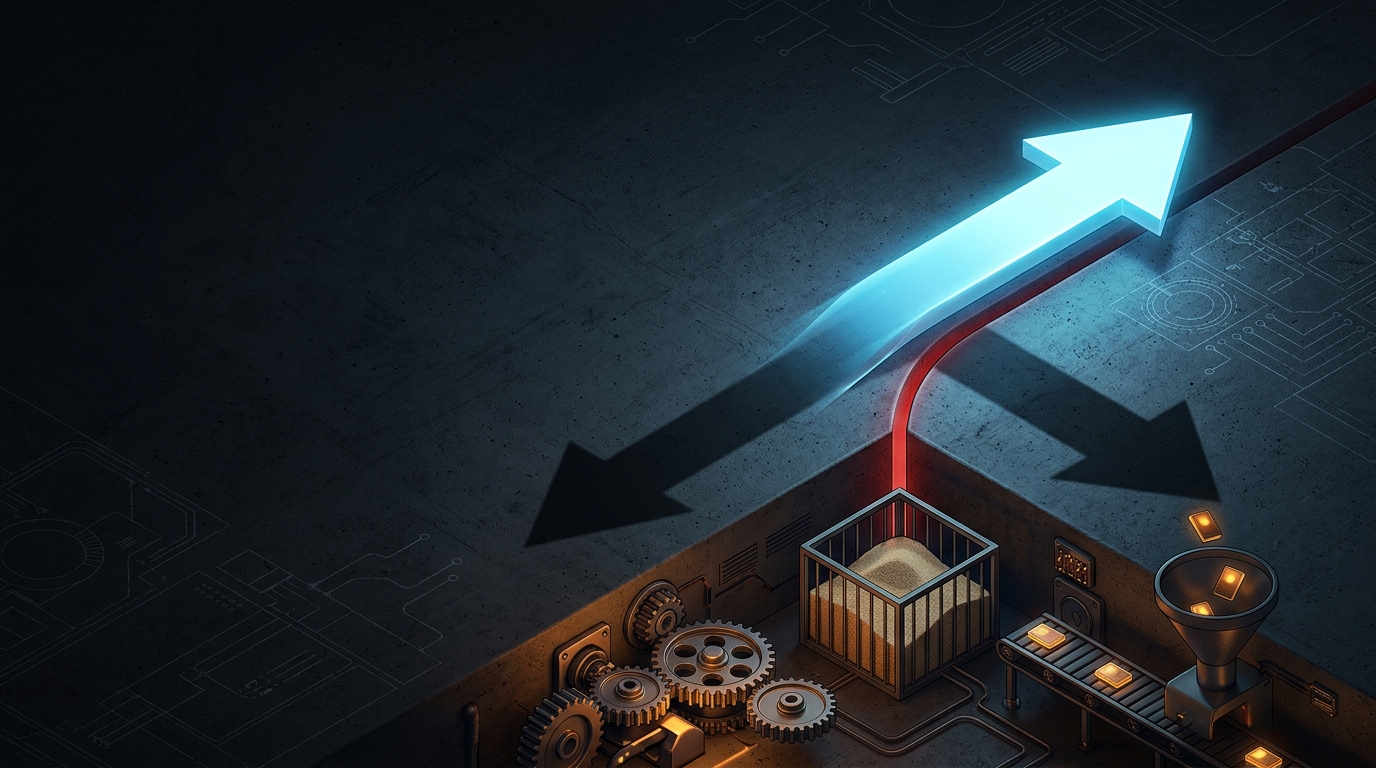 A glowing upward arrow whose shadow points downward, above dark machinery of gears, a sandbox cube, and a queue of light packets.