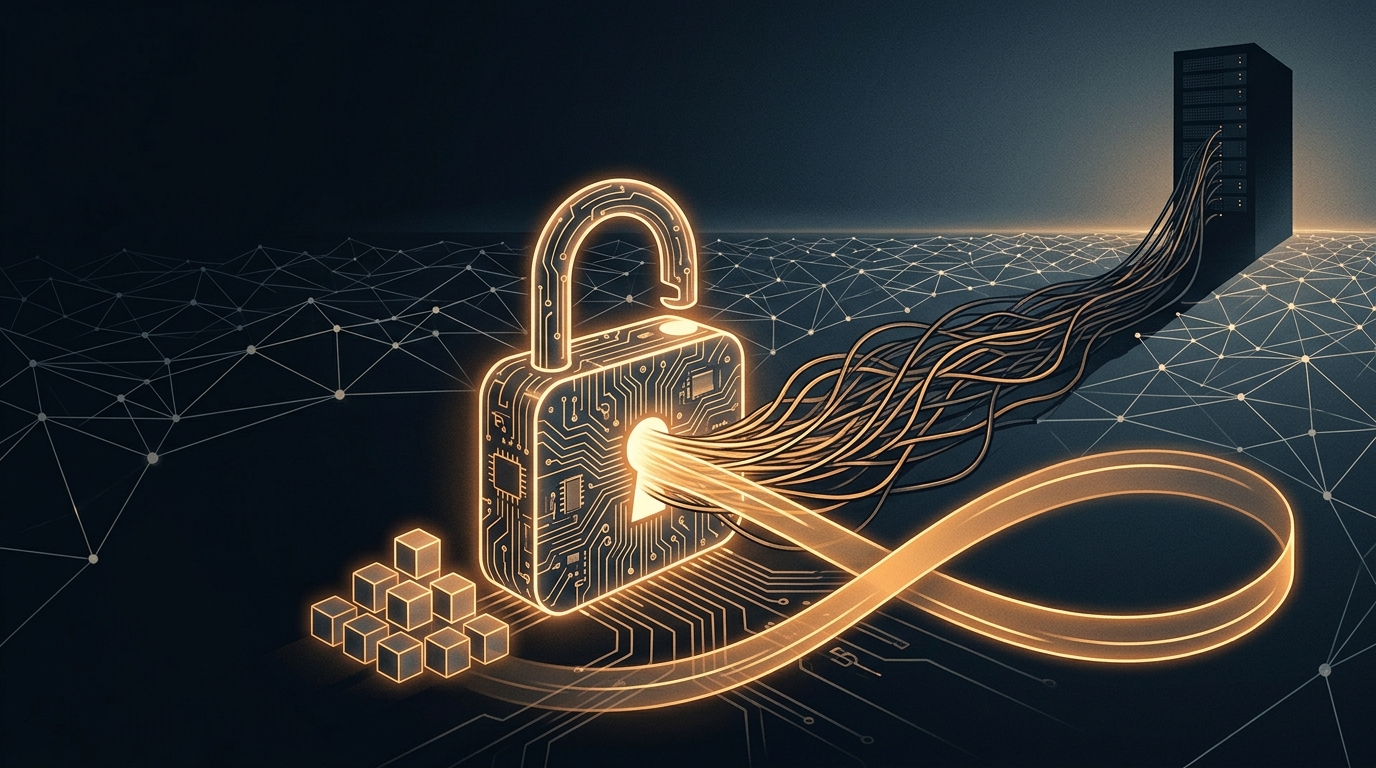 An open padlock made of circuitry leaking glowing cables toward a distant server tower, beside stacked luminous cubes and a self-overlapping loop of light.
