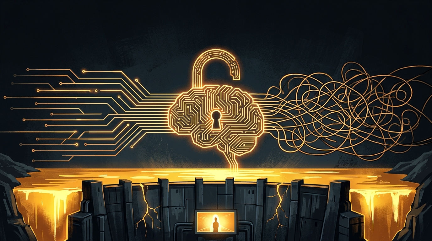 An open padlock shaped like a glowing circuit brain, orderly lines tangling into a loop, above a dam holding back molten-gold light.