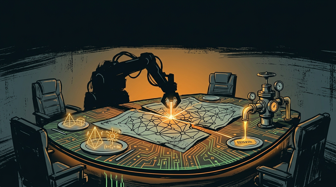 A dark machine carving a glowing web-network map at a circuit-board banquet table, with a metered valve and gold geometric proofs on plates.
