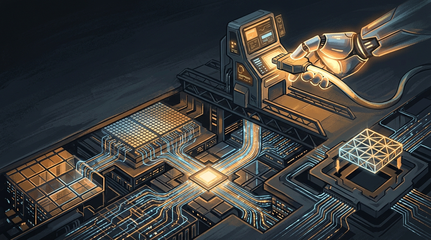 A glowing robotic hand connects to a terminal above a cutaway circuit-city of memory tiers and matrix grids lit by warm amber light.