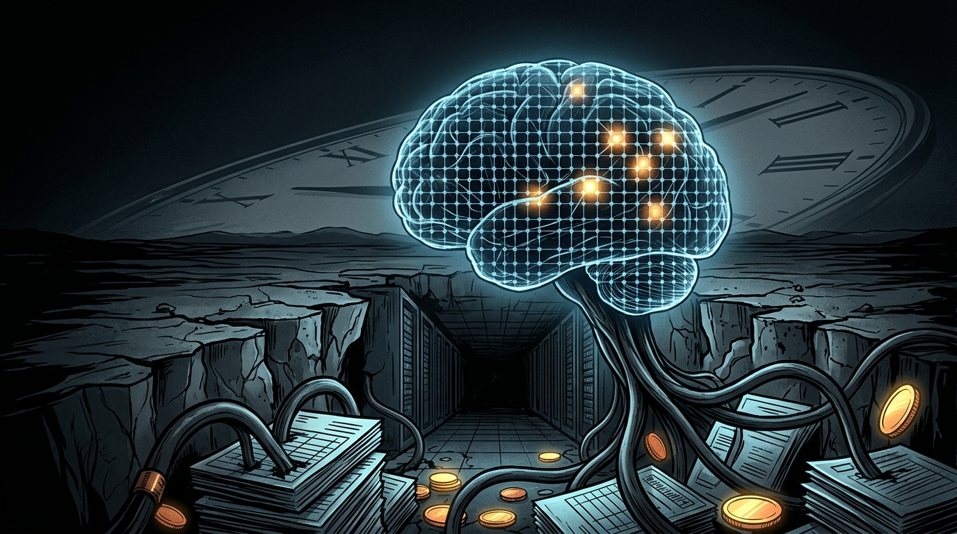 A brain of sparse glowing memory cells above a dark data center whose cables root into stacks of ledgers and coins, with a stretched clock on the horizon.