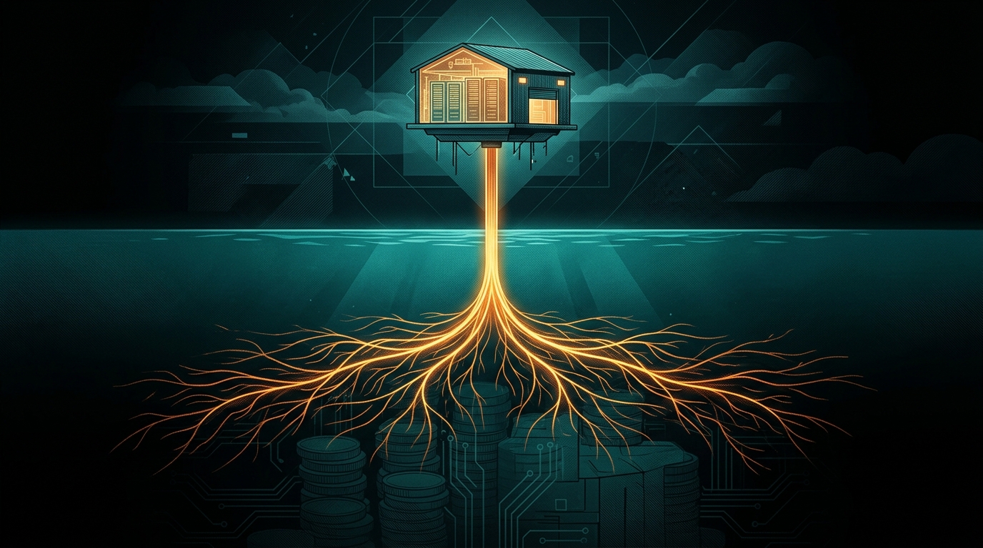 A small glowing data center floats above a dark ocean, connected by one fiber cable branching into light threads, over faint coins and circuits.