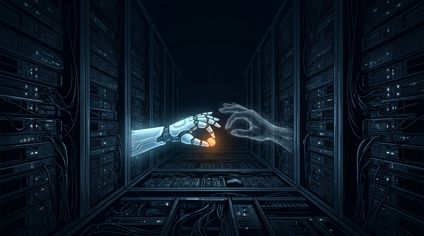A tiny robotic hand drops a glowing coin into an enormous dark canyon of server racks, a faint second hand watching, lit by a single warm amber light.