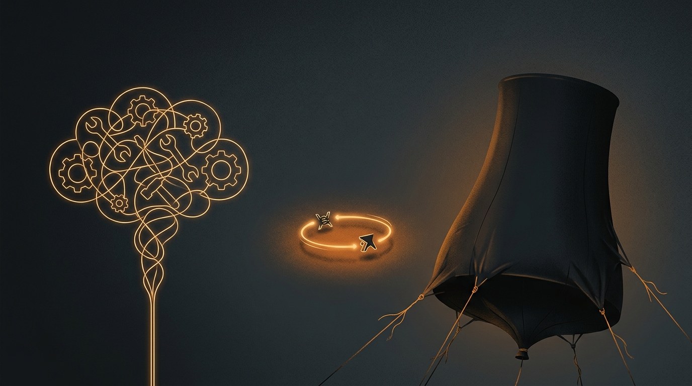 A compressed glowing tool thread beside a huge shadowy balloon on fraying tethers, with two abstract combatants circling in a small arena.