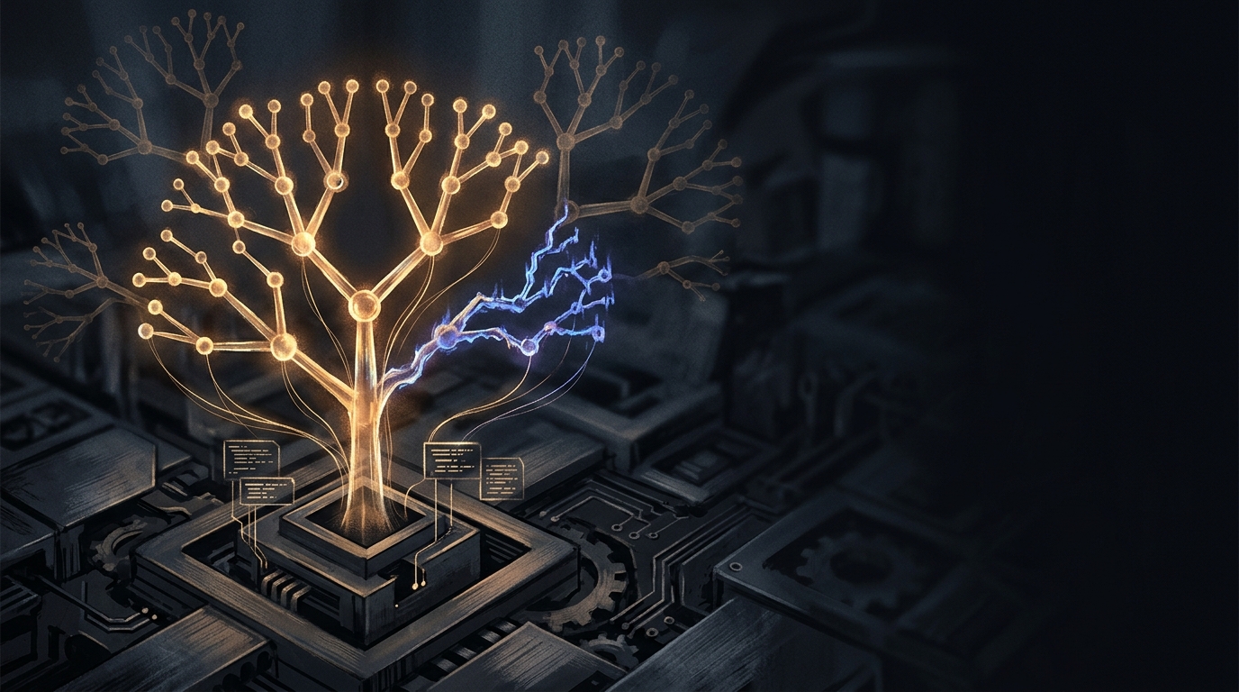 A glowing tree of connected nodes rising from dark machinery, with duplicated branches and light threads tracing code blocks back to their origins.