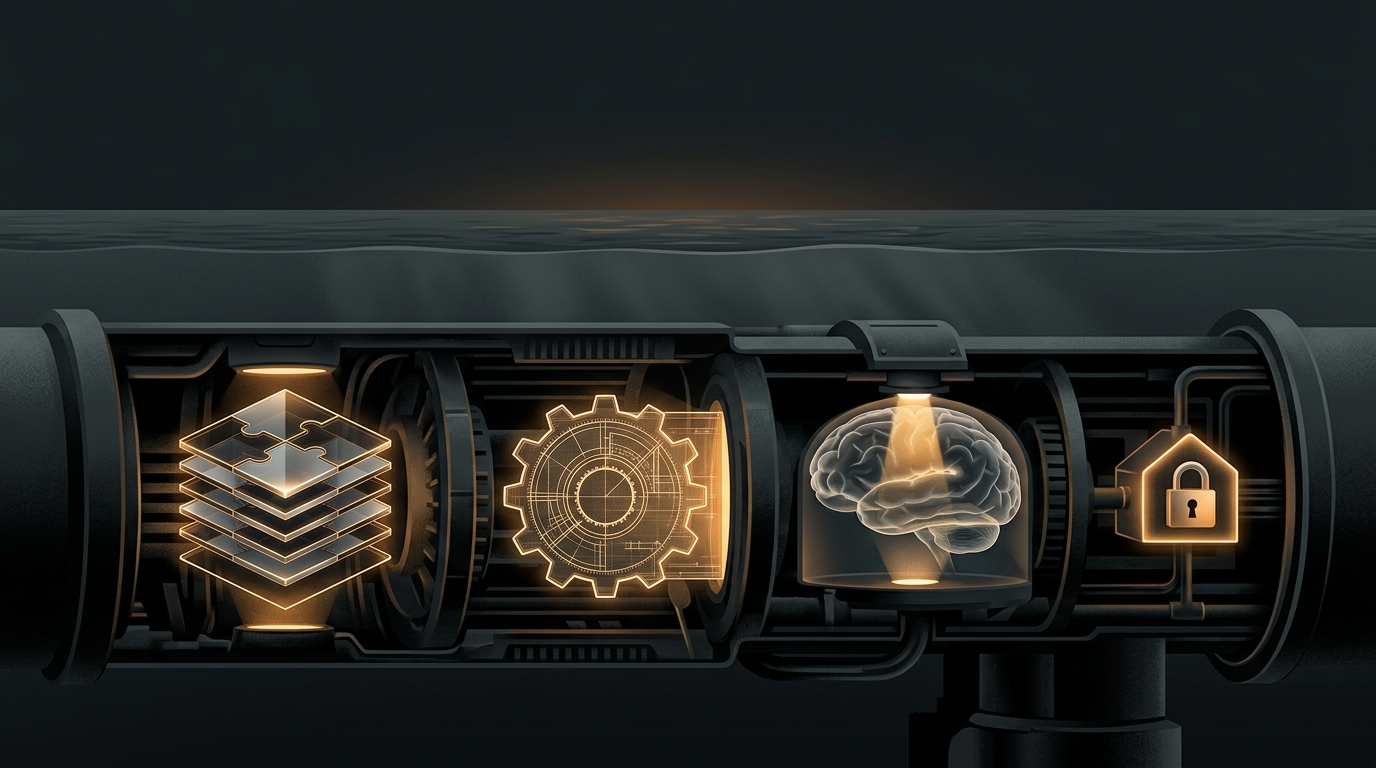 Dark cross-section of hidden machinery with four glowing modules representing caching, an open model, internal inspection, and a local padlocked node, lit by warm amber light.
