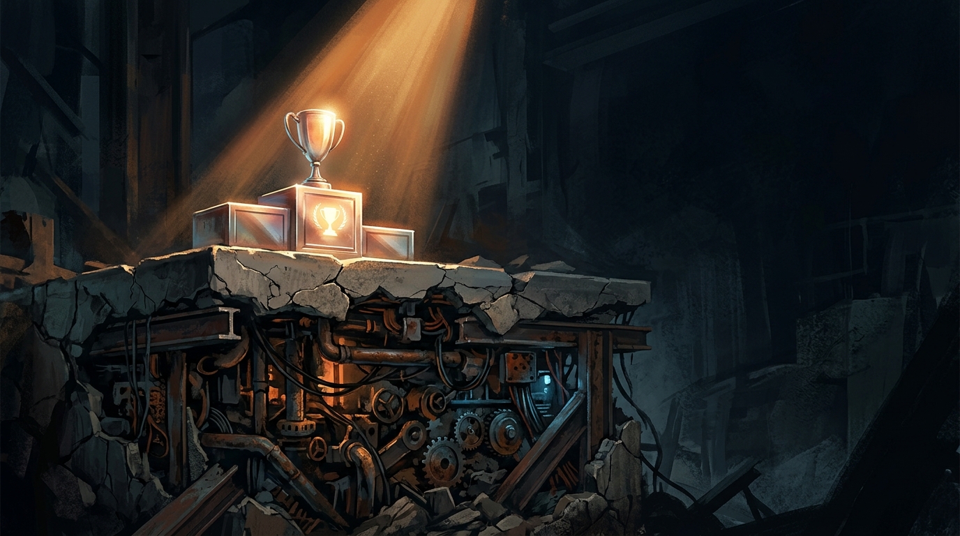 A polished trophy on a cracked foundation exposing tangled pipes and gears beneath, lit by a warm beam against a dark background.