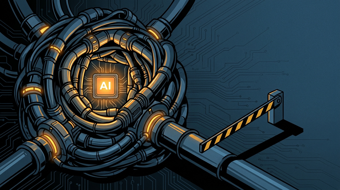 A small glowing AI core wrapped in an elaborate pipe-and-connector harness, with a tollgate barrier crossing one outgoing pipe, lit by warm amber seams.