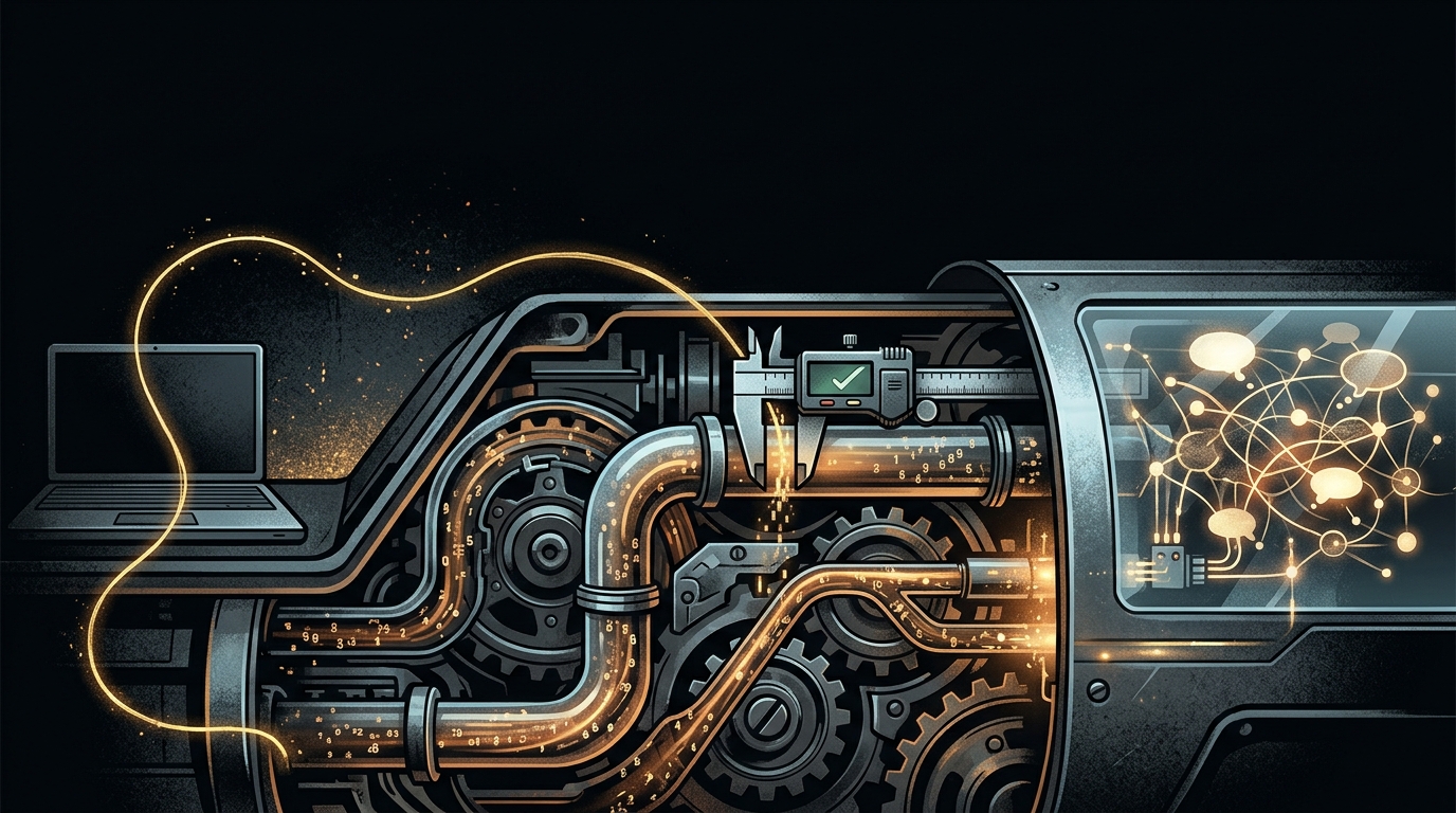 Cutaway of a machine's inner plumbing with glowing data pipes, an alignment gauge, a persistent thread from a closed laptop, and a translucent readout panel.