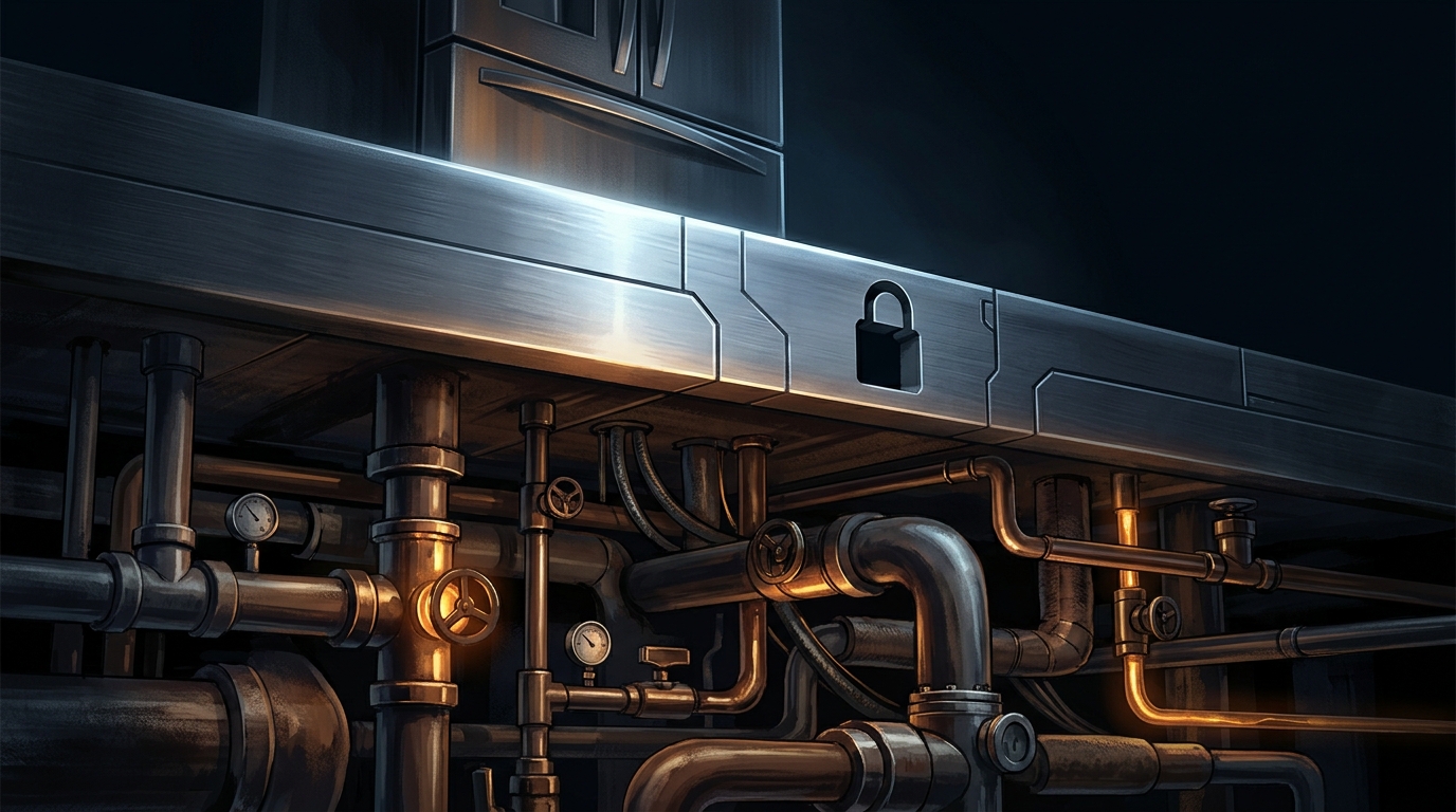Glowing warm-lit industrial pipework beneath a cold sealed monolithic slab, a padlock shape in its seams, symbolizing agent infrastructure under locked-in models.