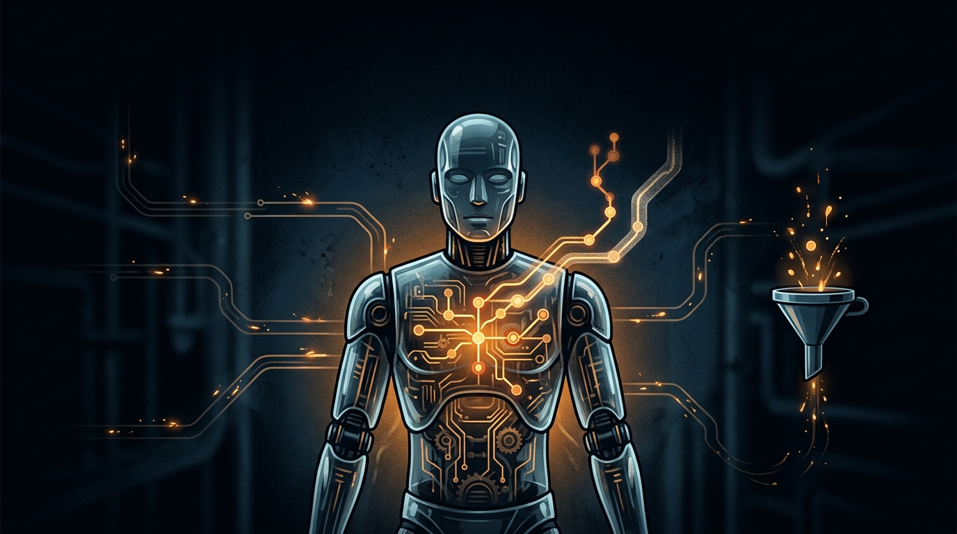 A translucent robot with a glowing branching timeline in its chest, warm sparks flickering along circuits, and a small funnel filtering light against a dark blue background.