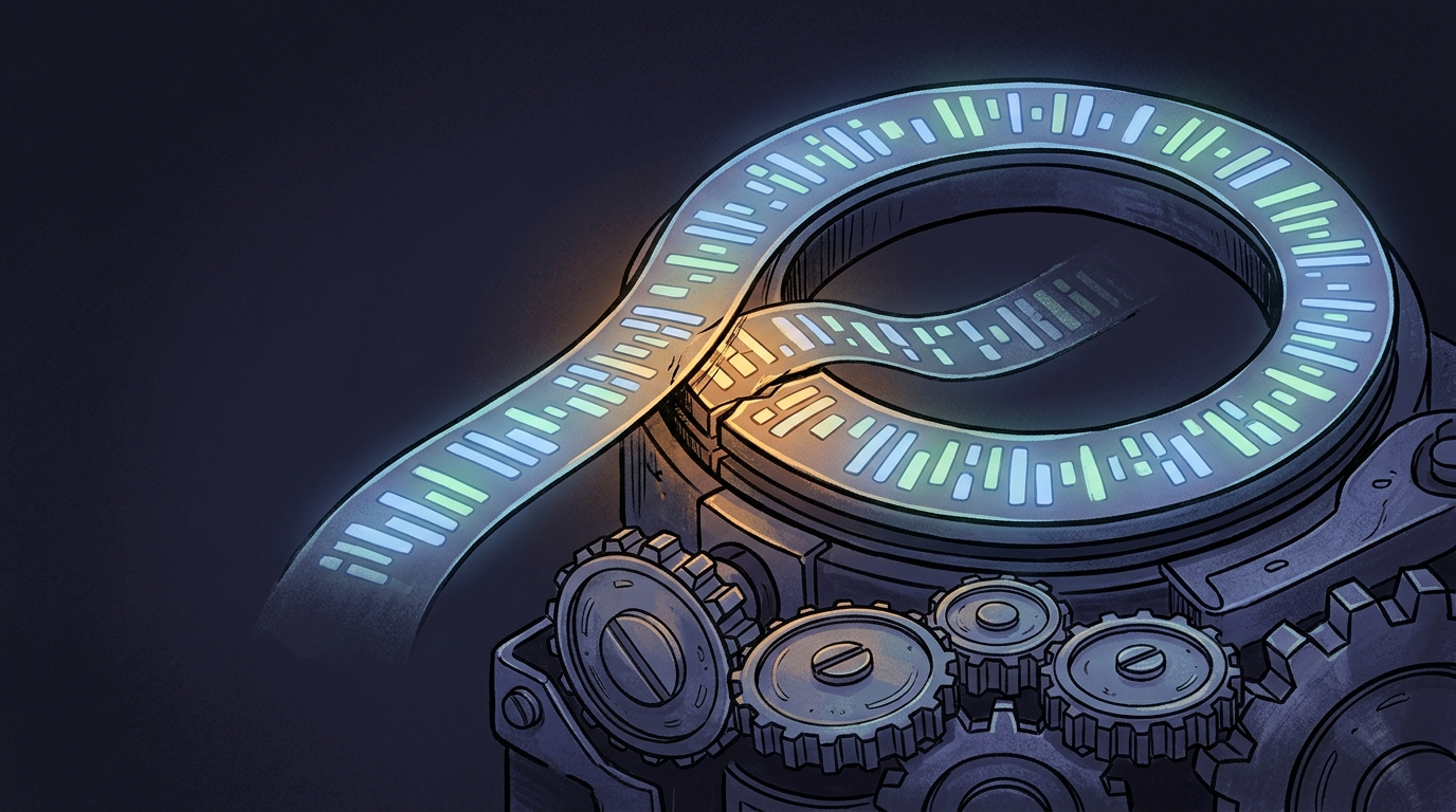 A glowing ribbon of code tokens feeding a loop, with a duplicated misaligned ghost segment marking a silent break, lit by warm amber on a dark background.