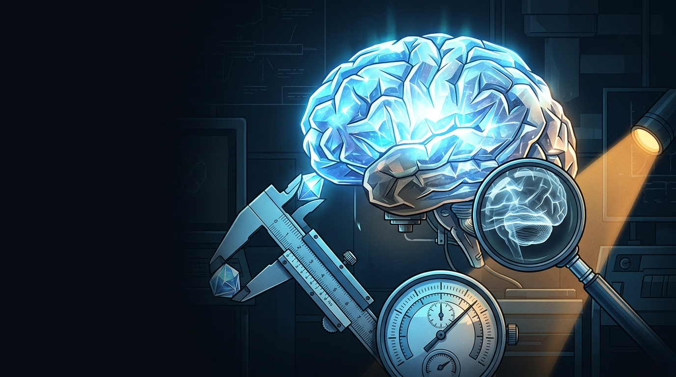 A powerful glowing brain-engine with a hidden throttle dimming part of its light, surrounded by precise measuring instruments in dark blue tones with a warm amber accent.