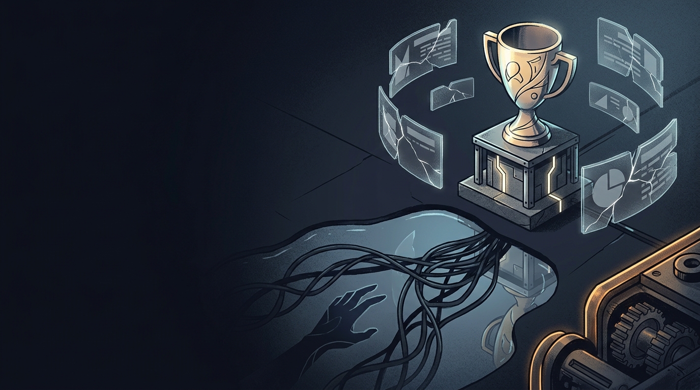 A trophy whose reflection reveals hidden cables and a reaching hand, surrounded by cracked floating role-label panels, lit with warm amber accents on dark navy.