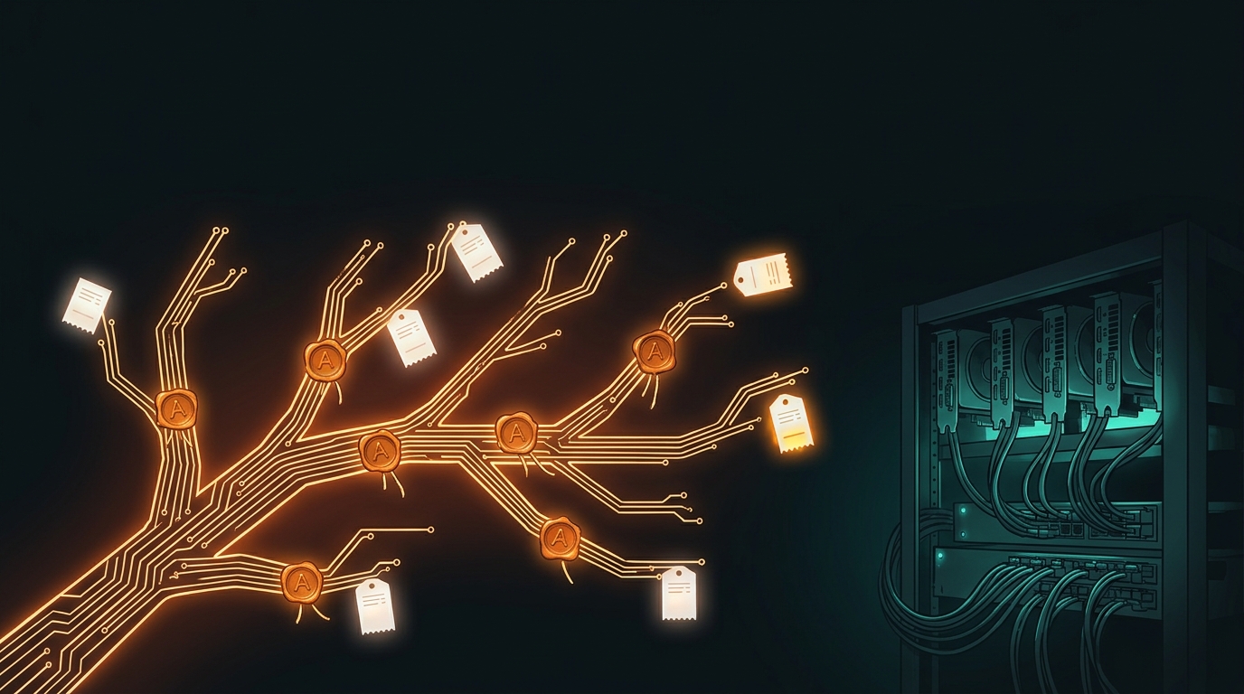 A circuit-trace tree branch with proof tags on each fork, warm light, GPUs and cables glowing in the dark background.